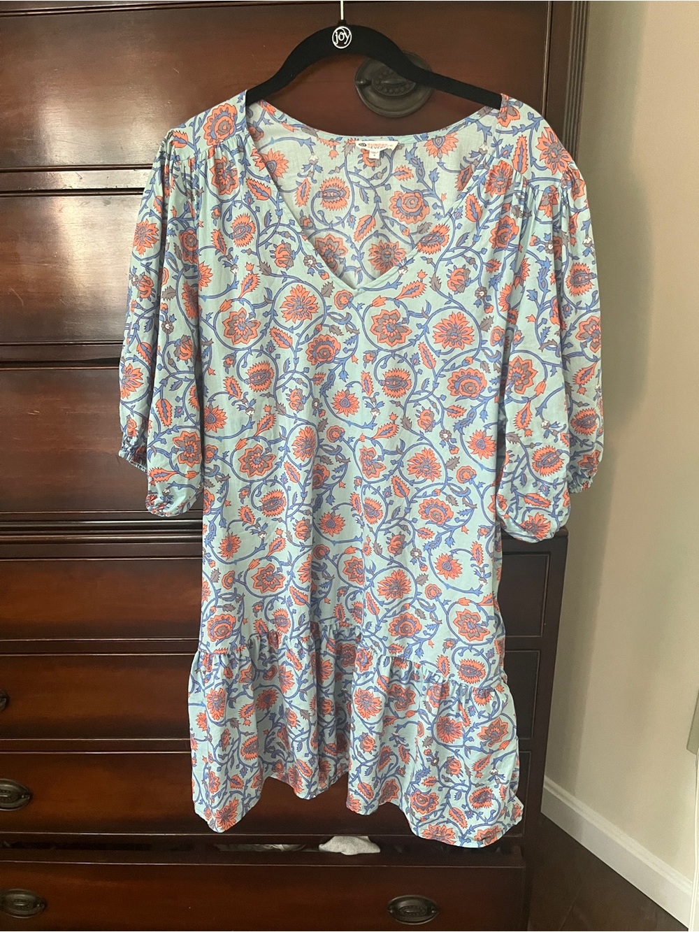 Sundry by Evereve Light Blue Floral V-Neck Mini Dress with Coral Accents